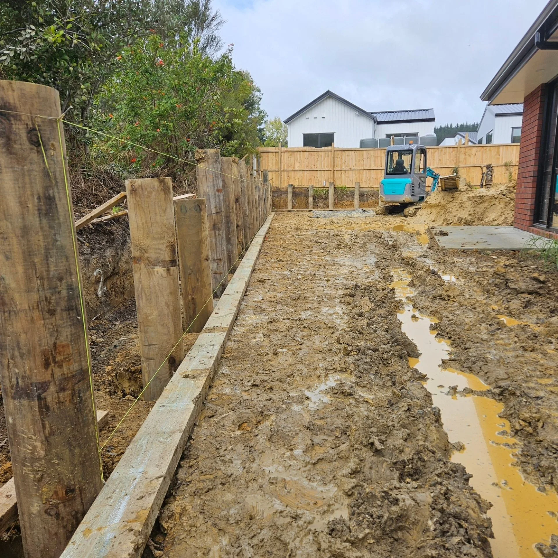Retaining wall construction in progress